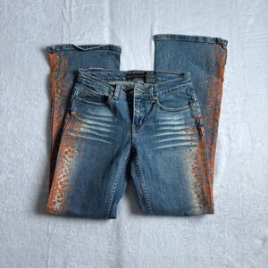 Y2K BeBe Jeans Womens Size 28 Blue‎ Denim Stretch Paint Splatter Low Boot Mid